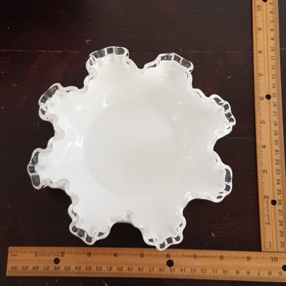 Fenton Silver Crest Milk Glass Candy Dish with Clear Ruffled Rim - Picture 5 of 9